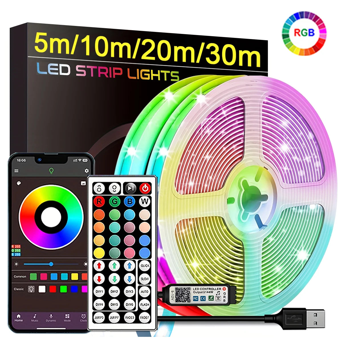 RGB Led Strip Lights 5m 10m 20m 30m Led Room Light with APP Control.